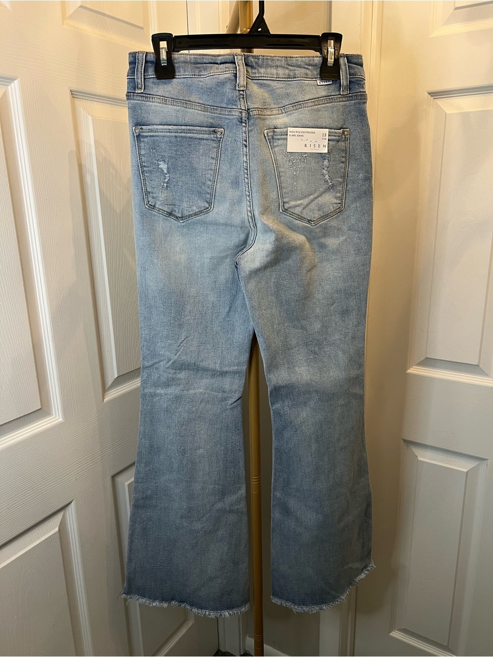 Light Blue Distressed Flare Jeans - Women's Wide Leg - Picture 3 of 7